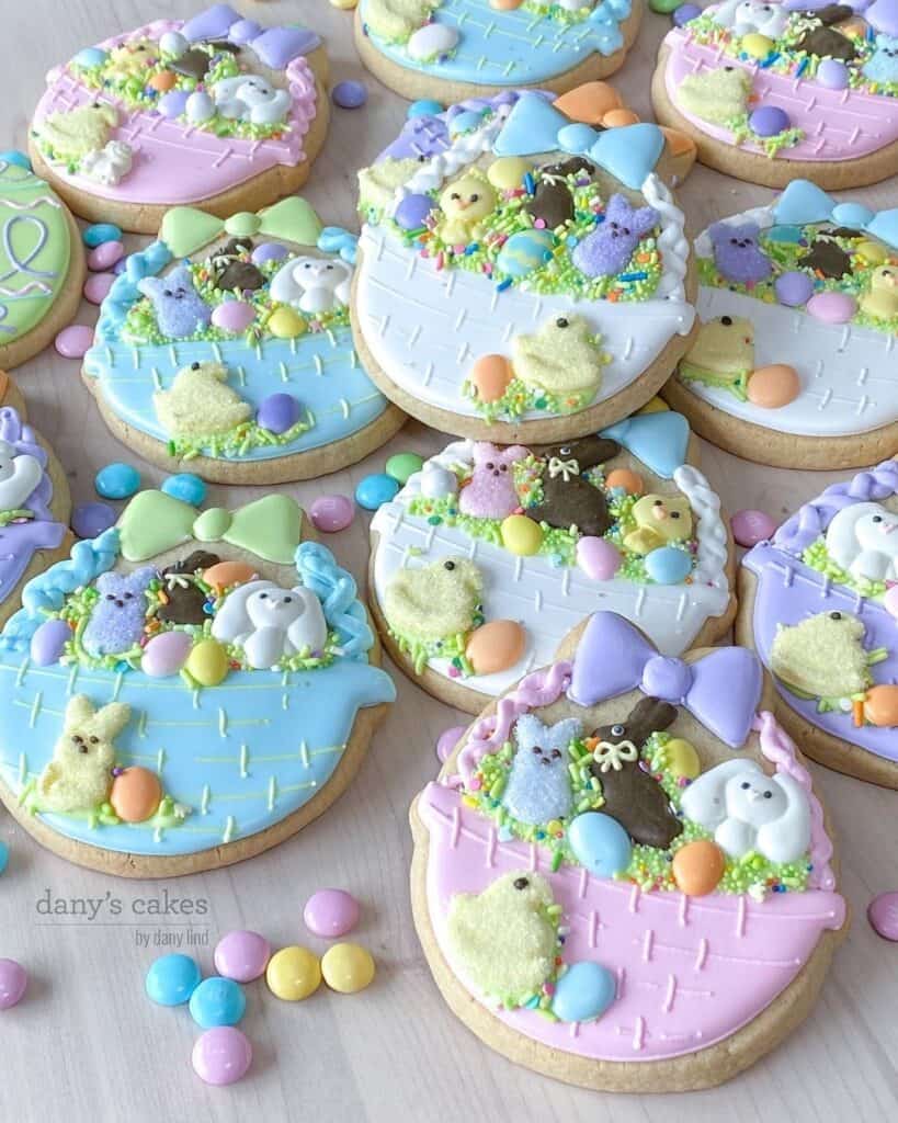 Adorable pastel Easter egg sugar cookies decorations with bow, eggs, bunnies