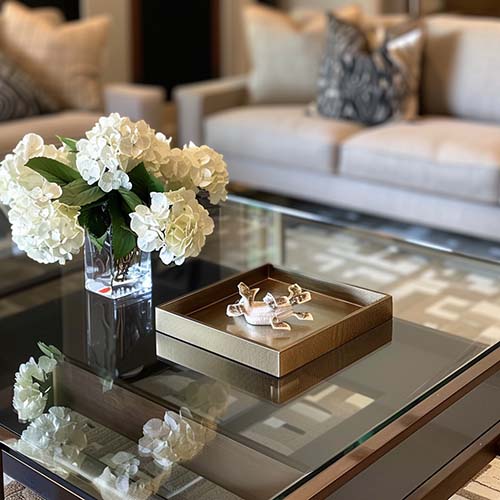 Glass Coffee Table with a Centerpiece and Tray