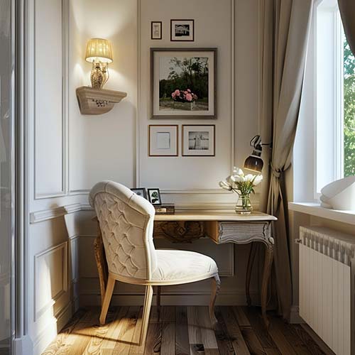 small desk in empty corner of apartment