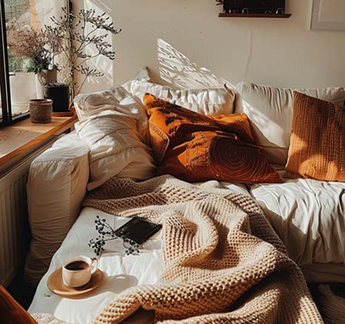 pillows and blankets in living room sofa