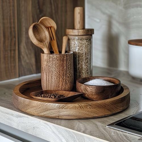 Round wooden tray kitchen counter decor and storage